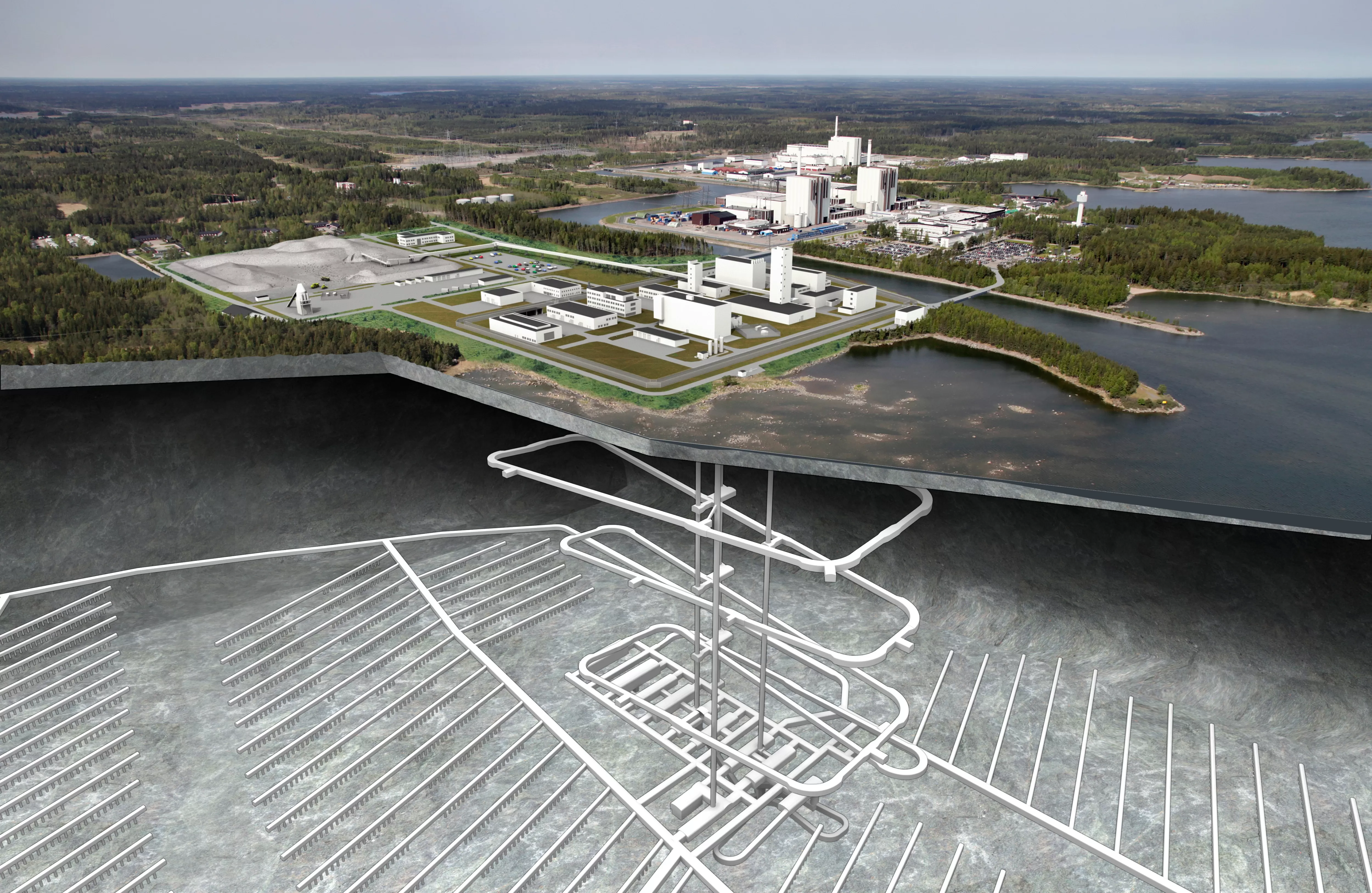 Photomontage du dépôt profond suédois pour assemblages combustibles à Söderviken, sur la mer Baltique. La partie souterraine du dépôt se situera à une profondeur de 500 mètres et aura une superficie de trois à quatre kilomètres carrés. Photo : SKB, Lasse Modin