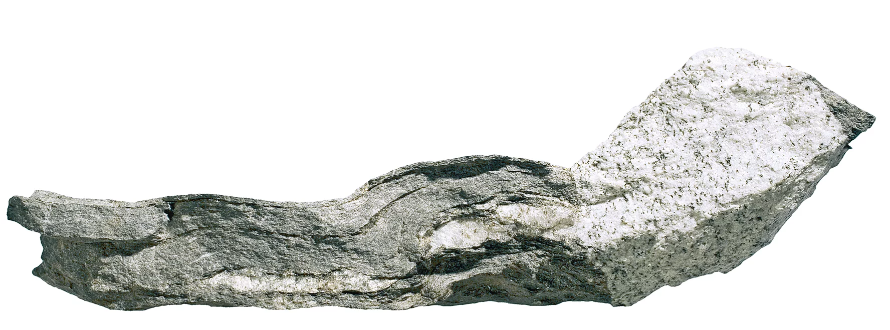 Aplite dyke (light) in gneiss (dark), Bergell (Italy). Photo: <a href="https://collections.erdw.ethz.ch" data-type="URL" data-id="https://collections.erdw.ethz.ch" target="_blank" rel="noreferrer noopener">Earth Science Collections of the Swiss Federal Institute of Technology Zürich</a>, Urs Gerber’ style=’width:100%’><figcaption></figcaption></figure><p><strong>Occurrence: </strong>Solidified magma in rock fissures<br /><strong>Origin: </strong>Rapid cooling of lava at the earth’s surface, and hence not fully crystallised<br /><strong>Main minerals (aplite):</strong> Quartz, light mica<br /><strong>Main minerals (lamprophyre):</strong> Feldspar, hornblende, pyroxene, dark mica<br /><strong>Appearance (aplite):</strong> Light and fairly fine-grained<br /><strong>Appearance (lamprophyre):</strong> Dark and fine- to medium-grained<br /><strong>Properties:</strong> Hard, easily workable<br /><strong>Uses:</strong> Limited use in Switzerland</p><hr class="wp-block-separator" /><h2 class="wp-block-custom-heading" id="sediment">2. Sedimentary rocks</h2><p>Sedimentary rocks are formed from materials (e.g. eroded material from mountains, mud, sand or salt) deposited on land or in the water where they gradually solidify. The originally loose components are cemented together with time to form solid rocks. Sedimentary rocks are often layered. Conglomerates, such as nagelfluh, sandstone and clay, consist of eroded material from mountains. Limestones are formed mainly from shells and other hard parts of sea creatures. Chemically formed sediments, such as gypsum and rock salt, are formed when marine and lacustrine waters evaporate.</p><figure class=