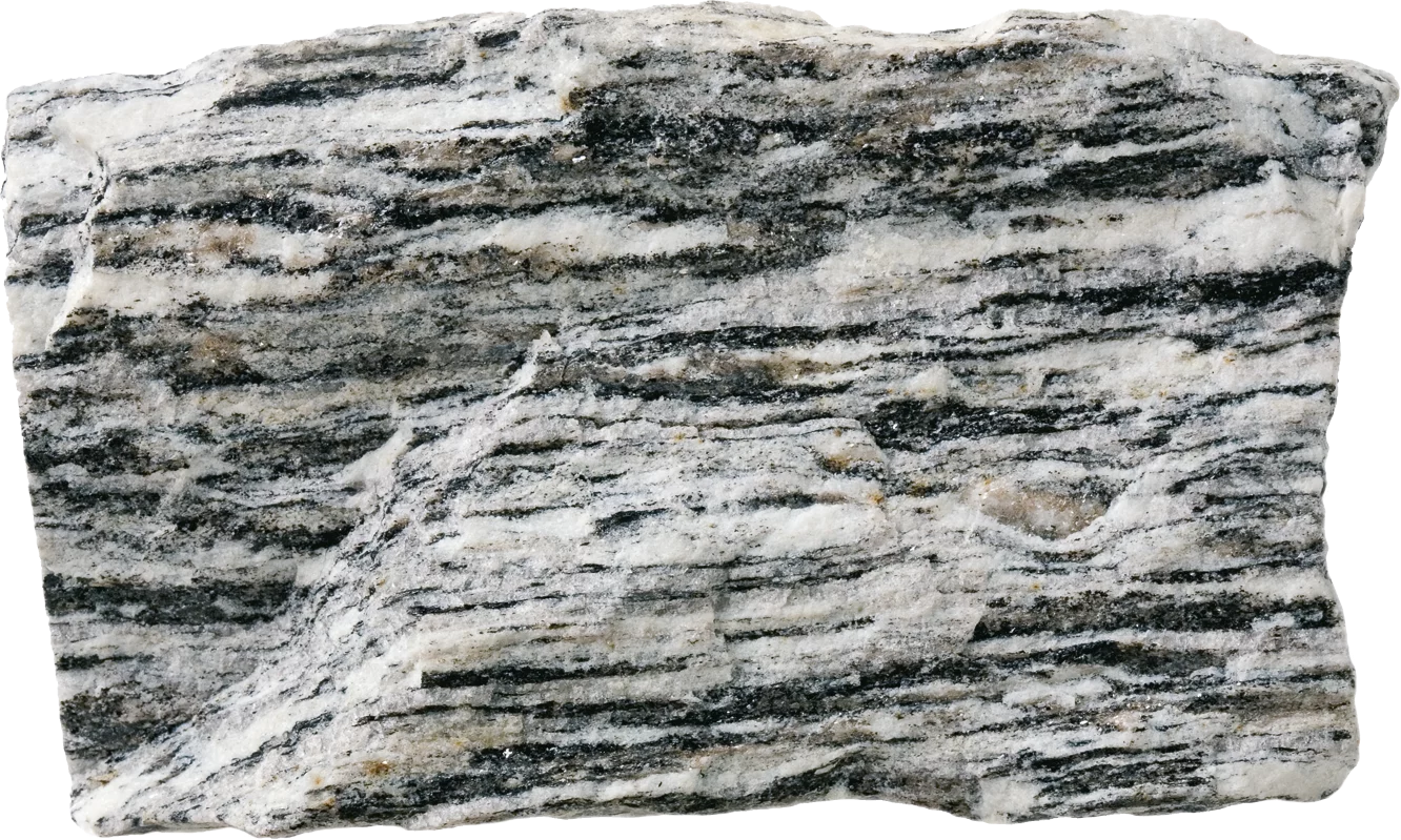 Gneiss, Central Alps. Photo: <a href="https://collections.erdw.ethz.ch" data-type="URL" data-id="https://collections.erdw.ethz.ch" target="_blank" rel="noreferrer noopener">Earth Science Collections of the Swiss Federal Institute of Technology Zürich</a>, Urs Gerber’ style=’width:100%’><figcaption></figcaption></figure><p><strong>Occurrence: </strong>Alps, crystalline basement beneath the Swiss Plateau and Jura Mountains<br /><strong>Origin:</strong> Rock altered by increased pressure and temperature, produced from granite for example<br /><strong>Main minerals:</strong> Feldspar, quartz, mica<br /><strong>Appearance:</strong> Light speckling, thick-layered with augen structure due to orientation of minerals<br /><strong>Properties:</strong> Weathering-resistant, fissile. Can be strongly fractured and penetrated by dykes<br /><strong>Uses:</strong> Kerbstones, building bricks, floor and façade tiles, roofing</p><hr class="wp-block-separator" /><h4 class="wp-block-custom-heading">Schist</h4><figure class=