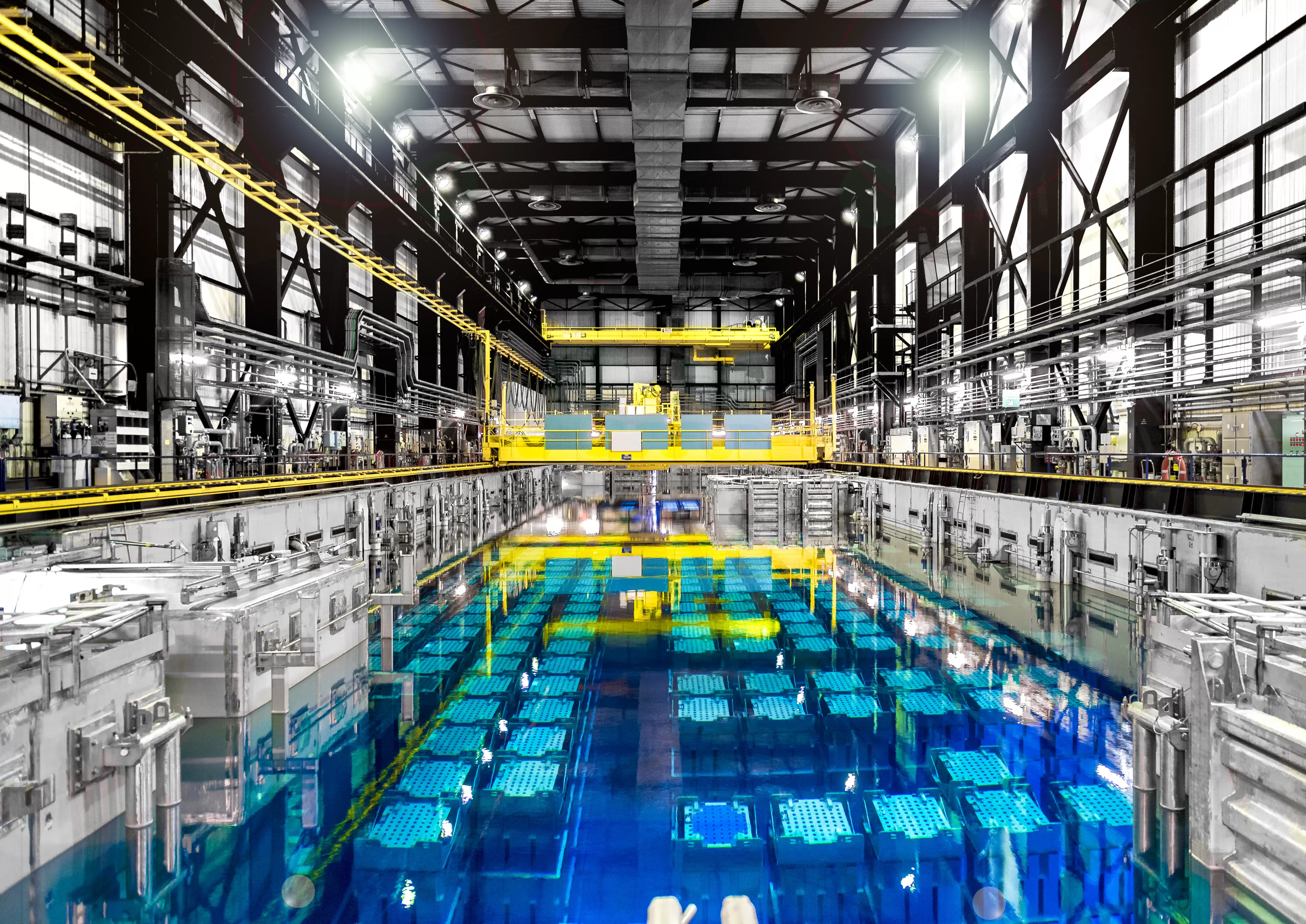 Storage pool at the La Hague reprocessing plant in France with spent fuel assemblies for reprocessing. Photo: Orano