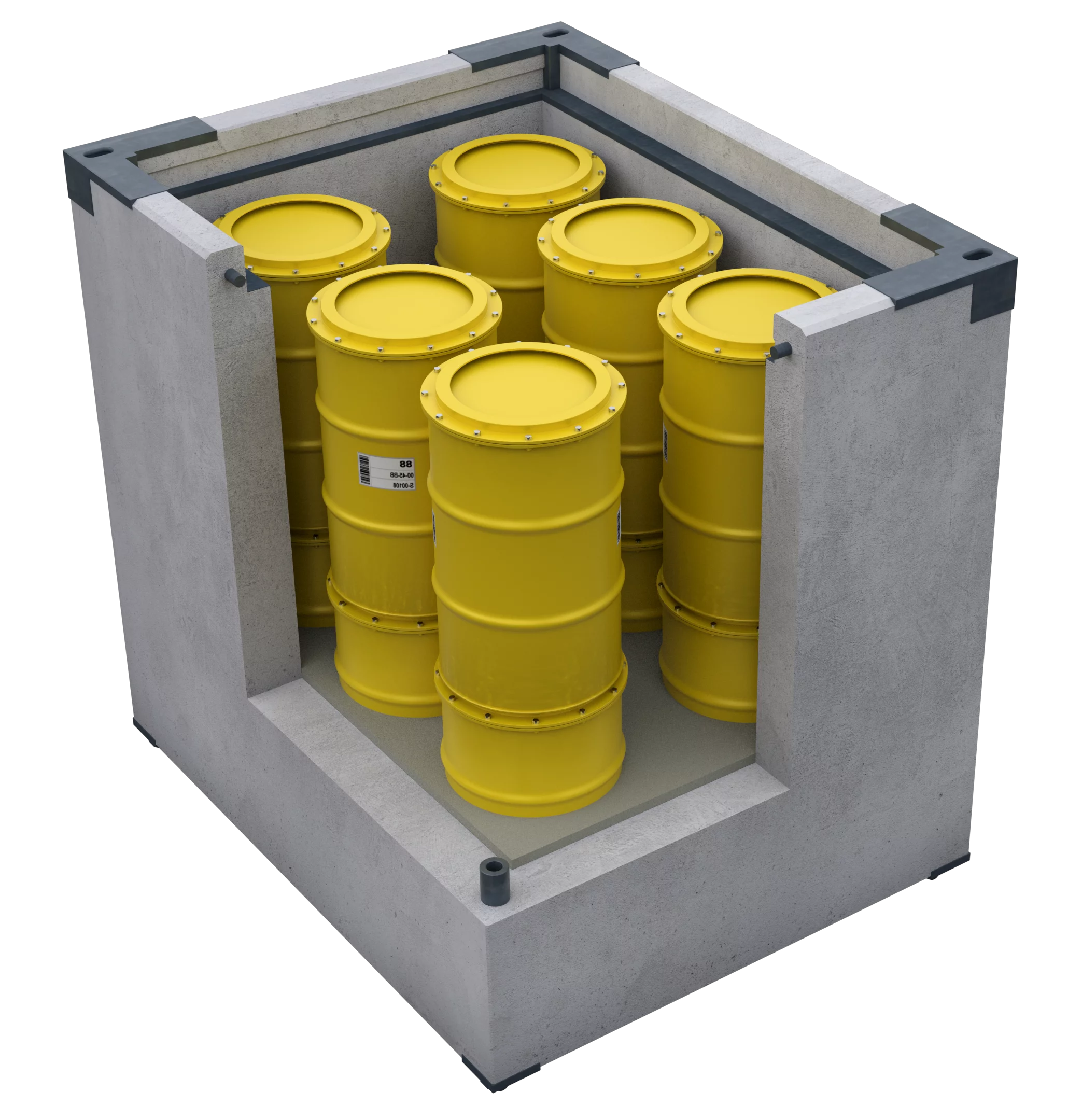 Fûts de déchets de faible et de moyenne activité placés dans un conteneur en béton.