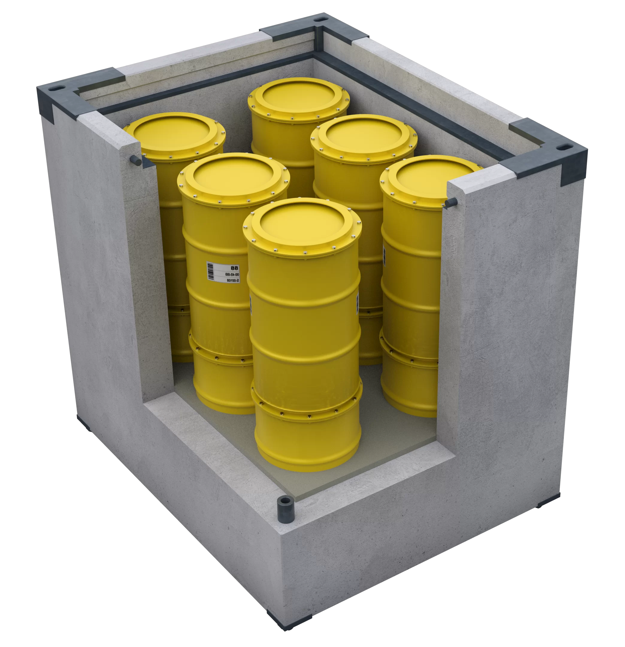 Disposal drums filled with low- and intermediate-level waste in a concrete container.